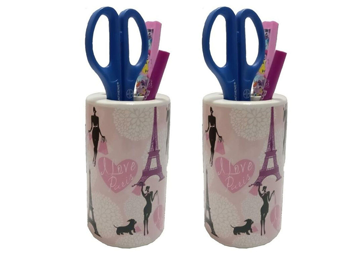 2 ADET KALEMLİK KIZLI PARİS DESENLİ SERAMİK OFİS GERECİ  7X7X11CM