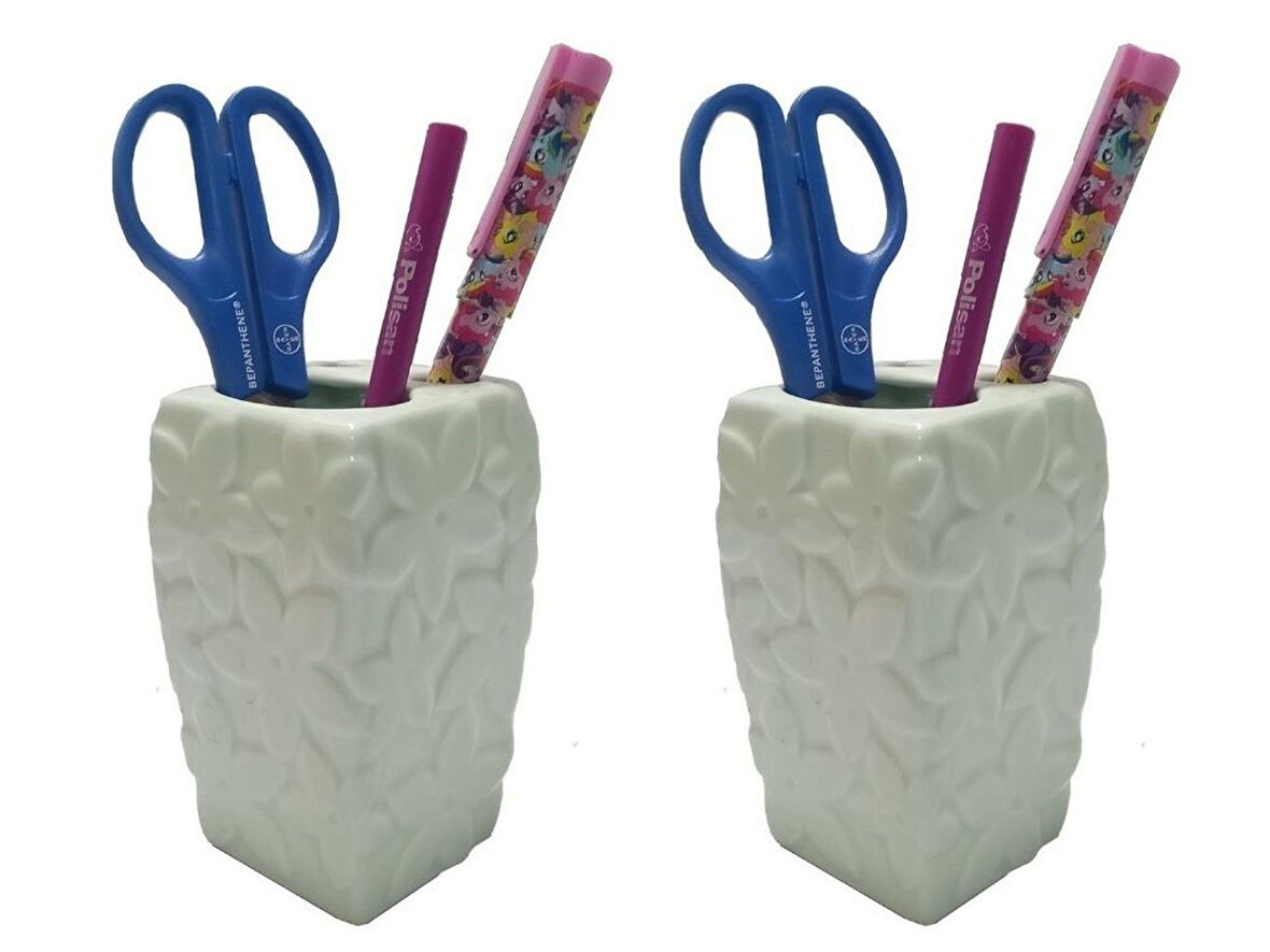 2 ADET KALEMLİK ÇİÇEKLİ SU YEŞİLİ SERAMİK OFİS GERECİ  7X7X12CM