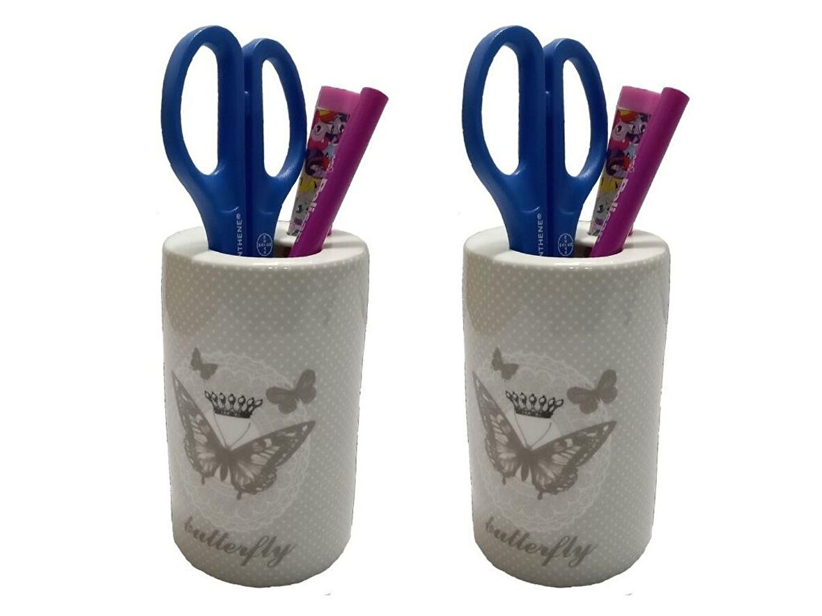 2 ADET KALEMLİK KELEBEK DESENLİ SERAMİK OFİS GERECİ  7X7X11CM