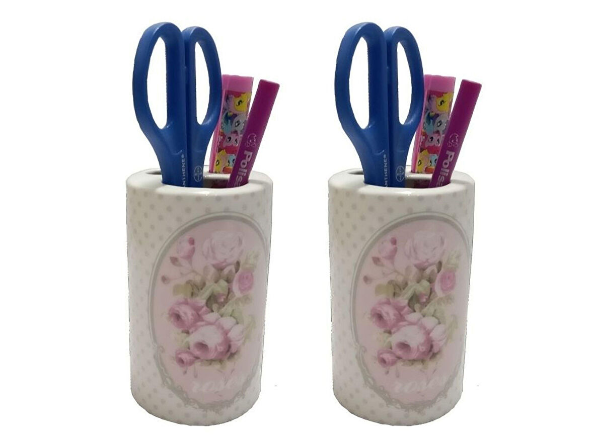 2 ADET KALEMLİK BAHAR DESENLİ SERAMİK OFİS GERECİ  7X7X11CM