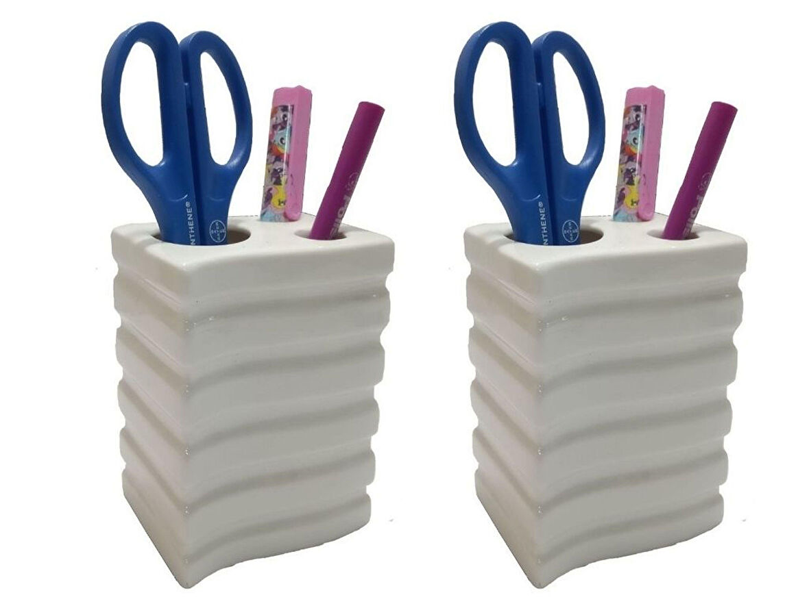 2 ADET KALEMLİK KARE ÇİZGİLİ MODEL SERAMİK OFİS GERECİ  8X6X11CM