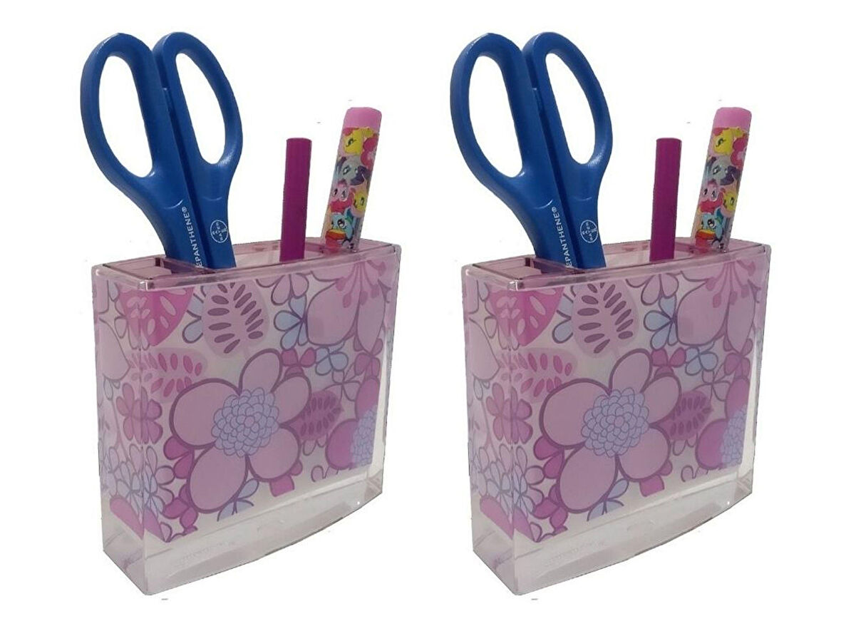 2 ADET KALEMLİK PEMBE ÇİÇEKLİ AKRİLİK OFİS GERECİ  10X10X3CM