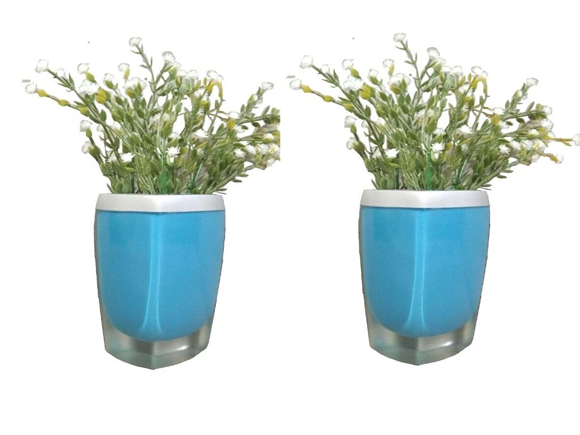 2 ADET VAZO DAHİL,VAZODA ÇİÇEK,BEYAZ YAPAY ÇİÇEK,VAZO DEKORATİF GRİ MAVİ POLİRESİN 8X4X16CM
