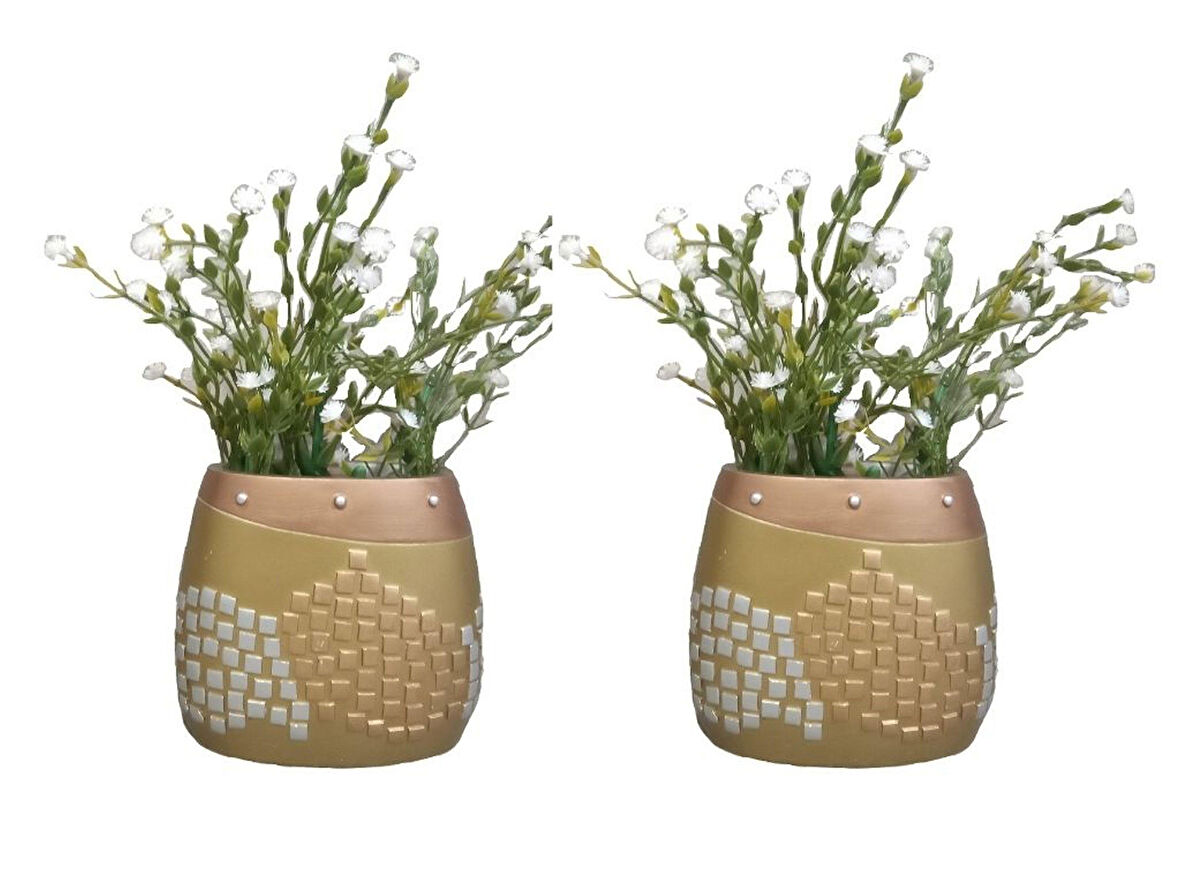 2 ADET VAZO DAHİL,VAZODA ÇİÇEK,BEYAZ YAPAY ÇİÇEK,VAZO DEKORATİF ALTIN MOZAİK POLİRESİN 10X15X5CM