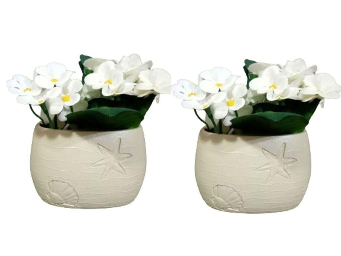2 ADET VAZO DAHİL,VAZODA ÇİÇEK,BEYAZ YAPAY ÇİÇEK,VAZO DEKORATİF İSTİRİDYE POLİRESİN 10X5X14CM