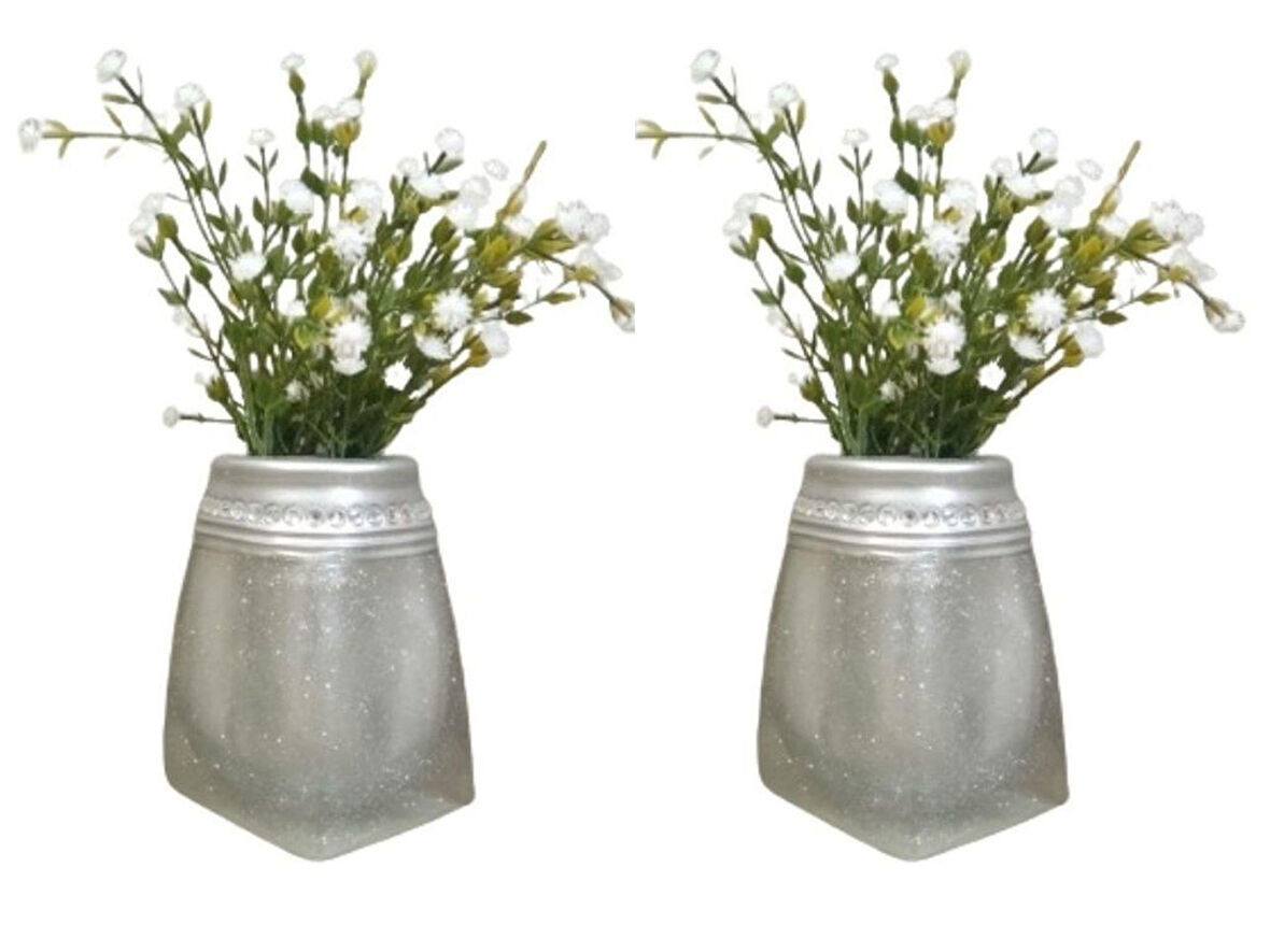 2 ADET VAZO DAHİL,VAZODA ÇİÇEK,BEYAZ YAPAY ÇİÇEK,VAZO DEKORATİF KRİSTAL TAŞLI GÜMÜŞ POLİRESİN 7X7X15CM