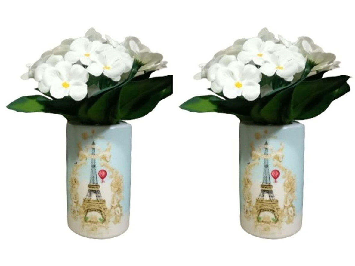 2 ADET VAZO DAHİL,VAZODA ÇİÇEK,BEYAZ YAPAY ÇİÇEK,VAZO DEKORATİF ROMANTİK YEŞİL MODEL 7X7X16CM