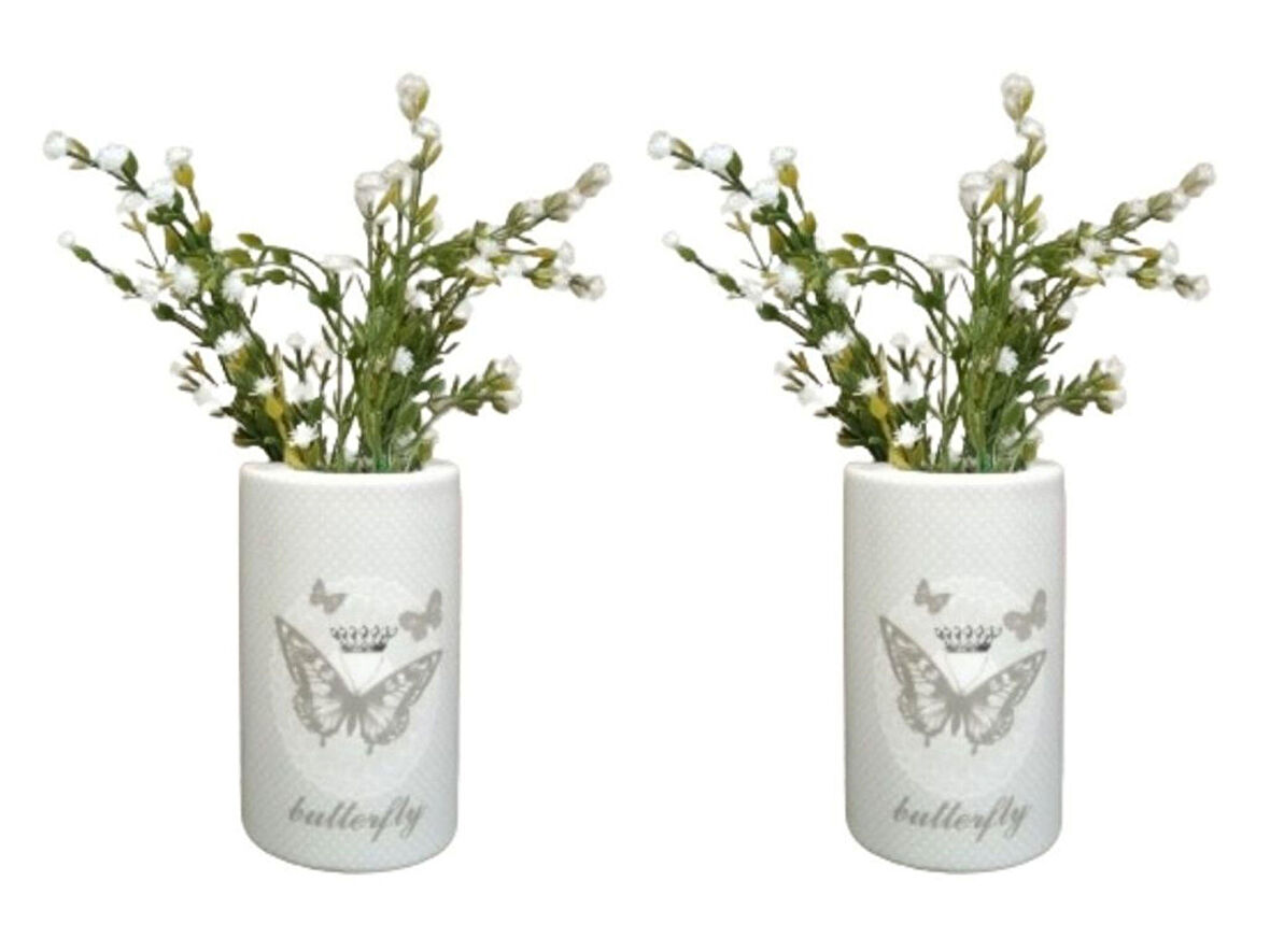 2 ADET VAZO DAHİL,VAZODA ÇİÇEK,BEYAZ YAPAY ÇİÇEK,VAZO DEKORATİF KELEBEK DESENLİ 7X7X16CM