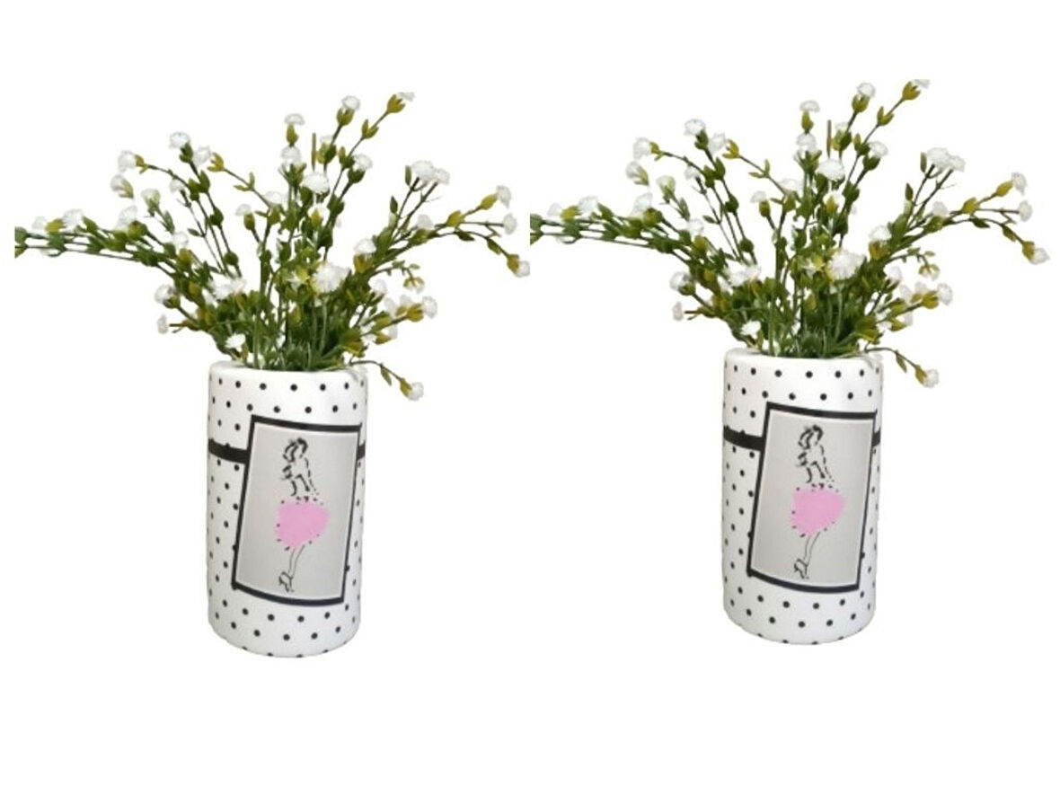 2 ADET VAZO DAHİL,VAZODA ÇİÇEK,BEYAZ YAPAY ÇİÇEK,VAZO DEKORATİF PEMBE ELBİSELİ KADIN 7X7X16CM