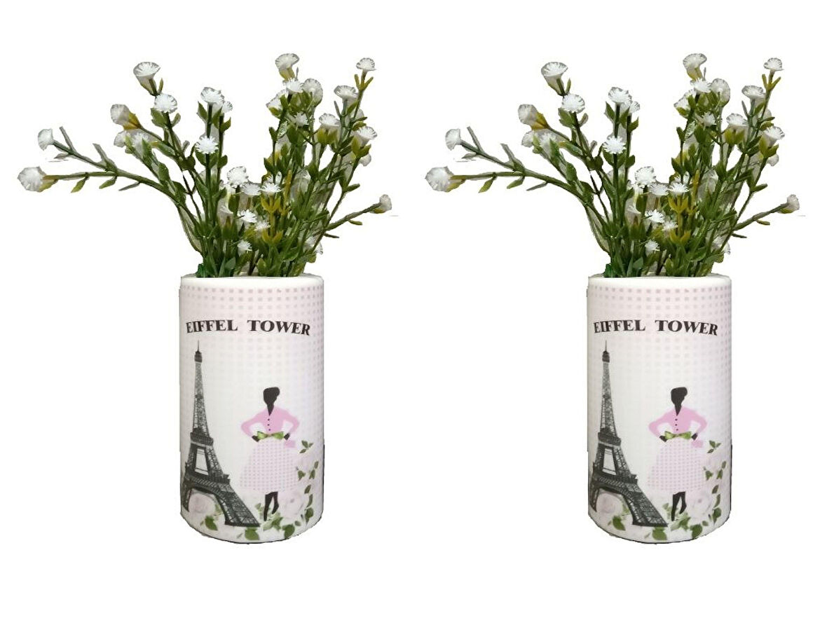 2 ADET VAZO DAHİL,VAZODA ÇİÇEK,BEYAZ YAPAY ÇİÇEK,VAZO DEKORATİF  EYFEL KULESİ 7X7X16CM
