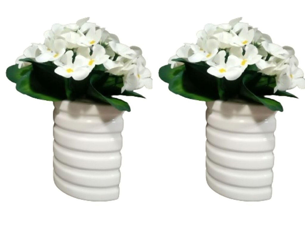 2 ADET VAZO DAHİL,VAZODA ÇİÇEK,BEYAZ YAPAY ÇİÇEK,VAZO DEKORATİF OVAL ÇİZGİLİ 9X6X16CM