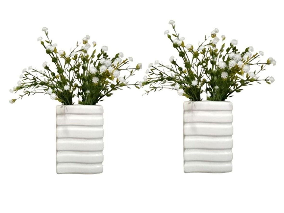 2 ADET VAZO DAHİL,VAZODA ÇİÇEK,BEYAZ YAPAY ÇİÇEK,VAZO DEKORATİF KARE ÇİZGİLİ 8X6X16CM