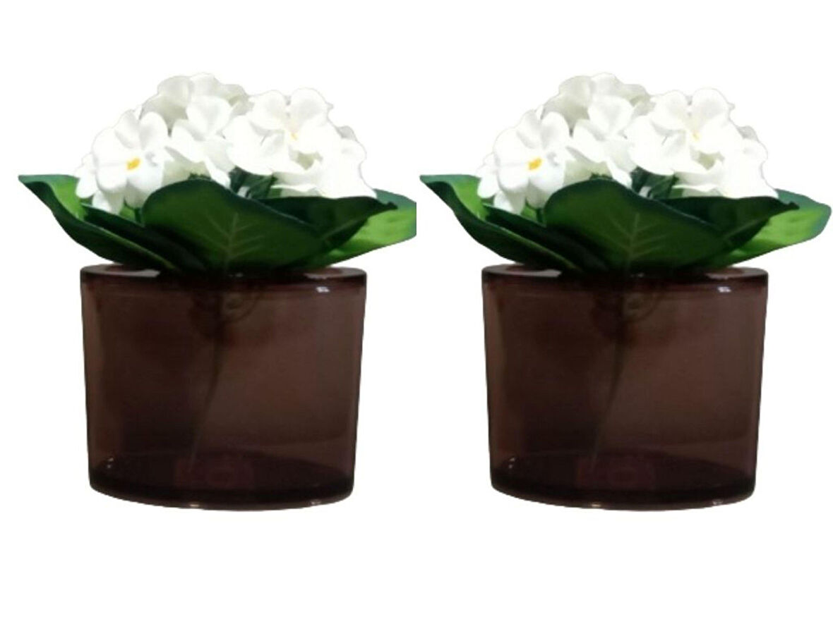 2 ADET VAZO DAHİL,VAZODA ÇİÇEK,BEYAZ YAPAY ÇİÇEK,VAZO DEKORATİF  OVAL KAHVERENGİ 13X5X15CM