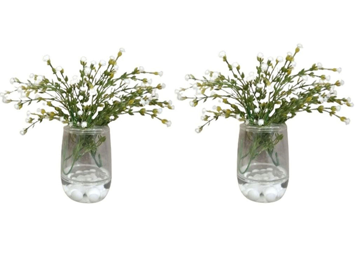 2 ADET VAZO DAHİL,VAZODA ÇİÇEK,BEYAZ YAPAY ÇİÇEK,VAZO DEKORATİF BEYAZ İNCİLİ 8X8X16CM