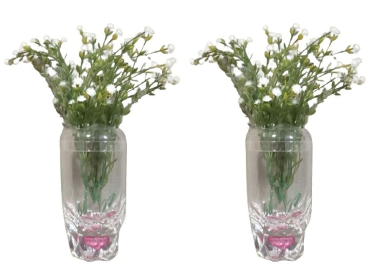 2 ADET VAZO DAHİL,VAZODA ÇİÇEK,BEYAZ YAPAY ÇİÇEK,VAZO DEKORATİF KRİSTAL DAMLALI 6X6X19CM