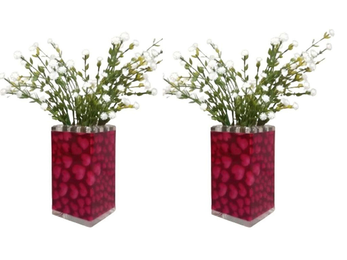 2 ADET VAZO DAHİL,VAZODA ÇİÇEK,BEYAZ YAPAY ÇİÇEK,VAZO DEKORATİF KALPLİ 7X7X17CM