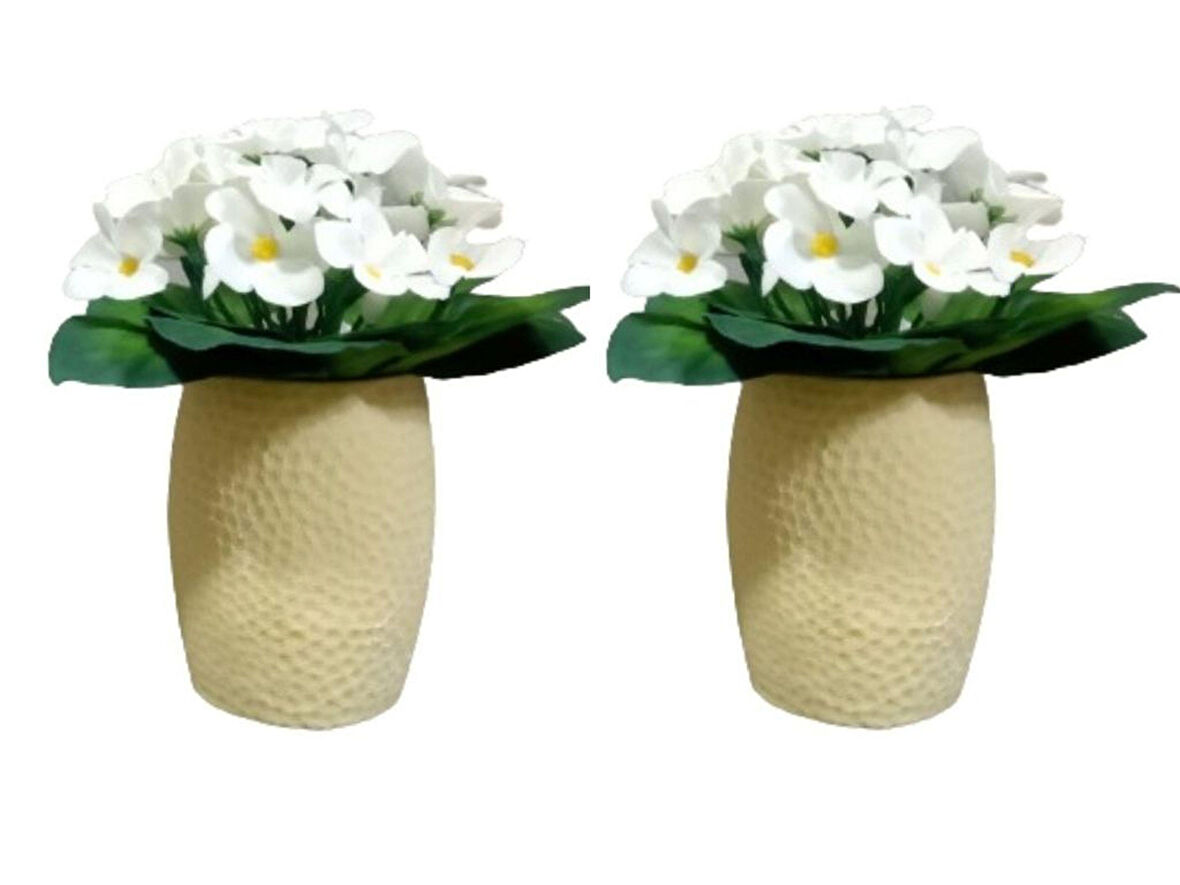 2 ADET VAZO DAHİL,VAZODA ÇİÇEK,BEYAZ YAPAY ÇİÇEK,VAZO SARI PETEK DESENLİ POLİRESİN 8x8x15cm