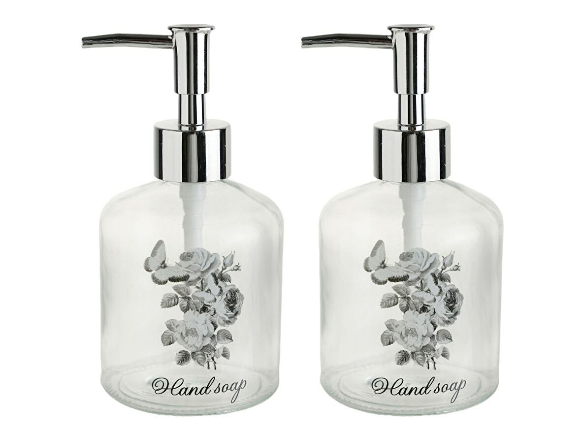 2 ADET CAM SIVI SABUNLUK,ÇİÇEKLİ 300ML BANYO SETİ  7,6X15,5CM