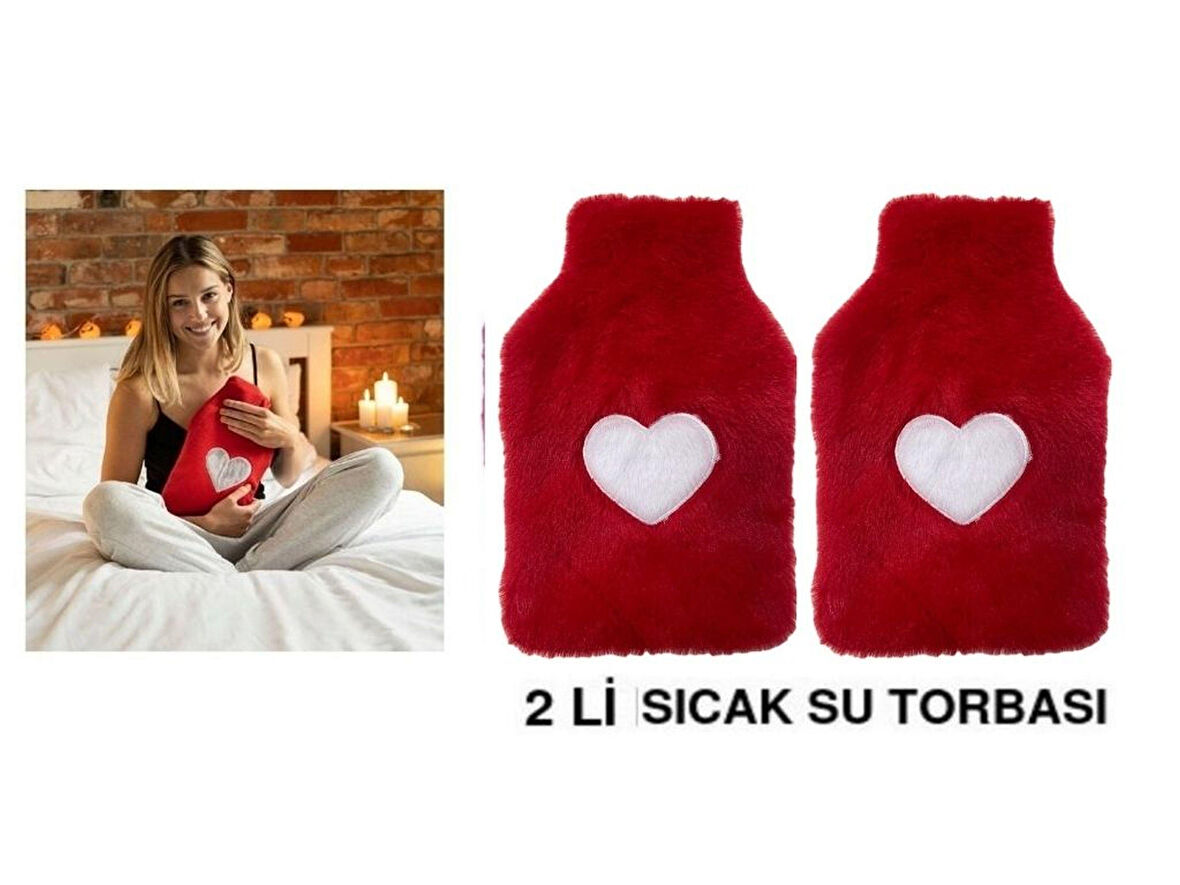2 ADET SICAK SU TORBASI PELUŞ KALPLİ,KIRMIZI TERMOFOR 27X17X2CM 1 LİTRE