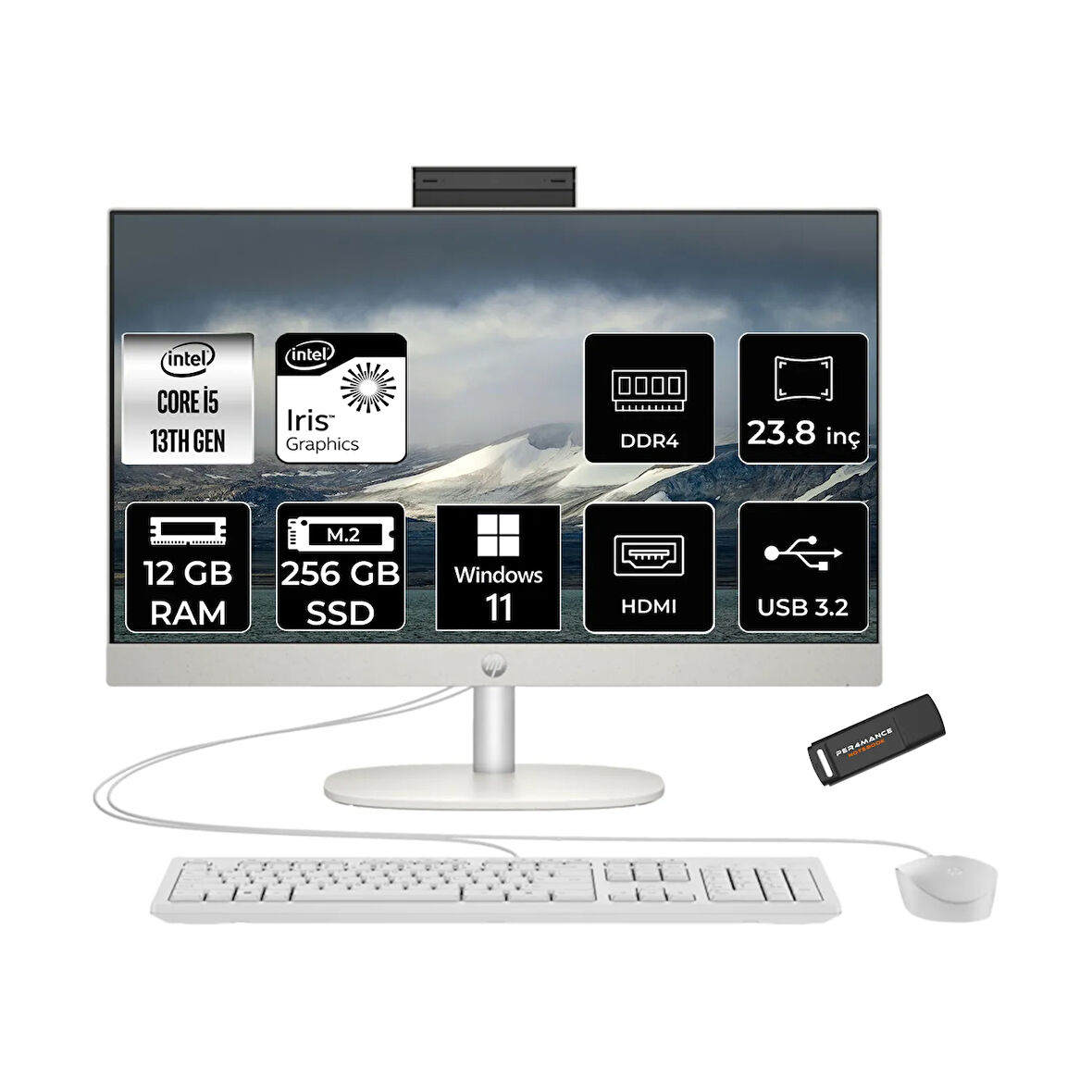 HP ProOne 240 G10 i5 1335U 12GB 256GB SSD Iris Xe Graphics 23.8" FHD W11H All In One PC Beyaz & PER4