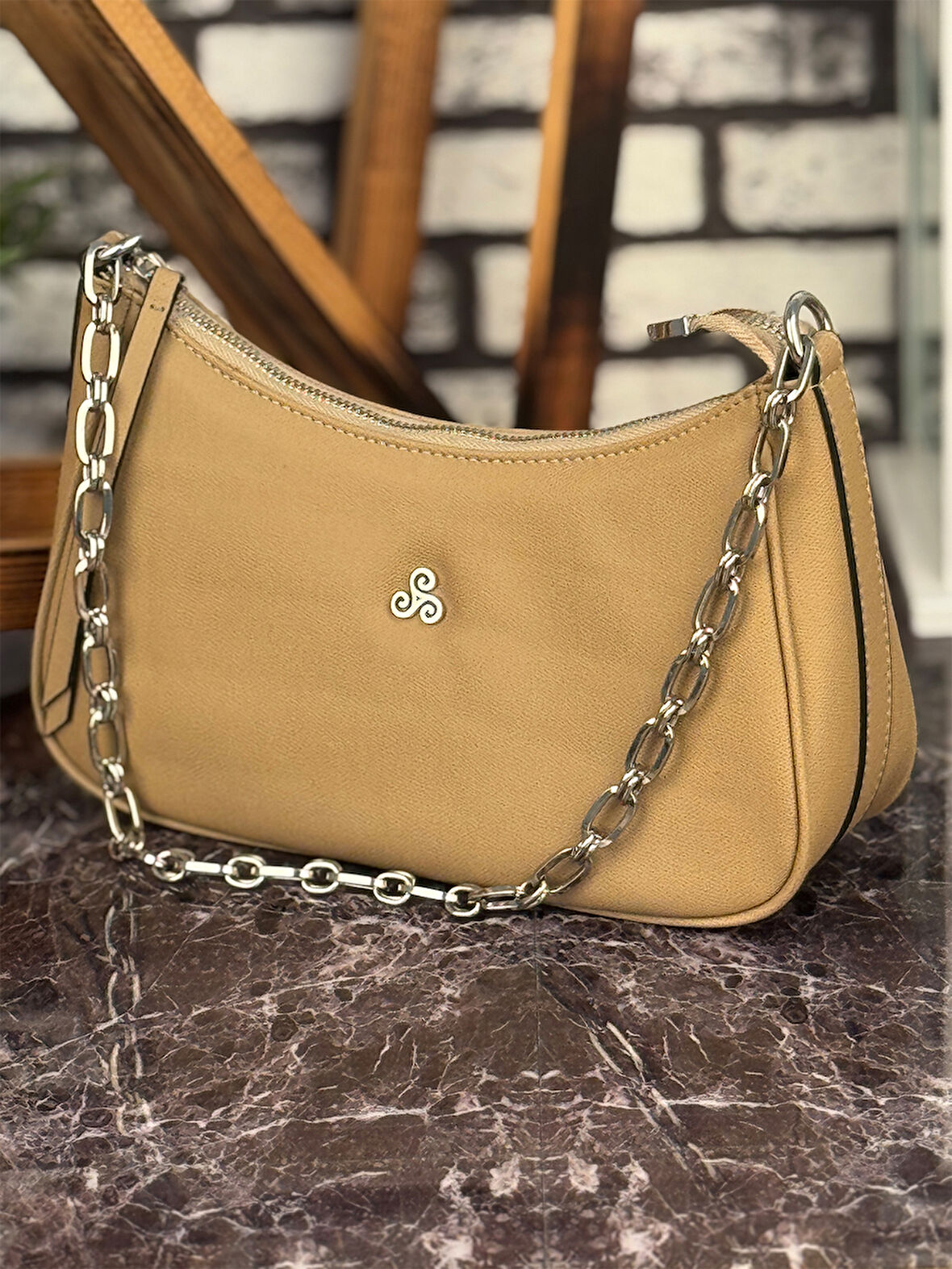 Ghattix Bej Suni Deri Askılı Günlük Kadın El Omuz Çantası