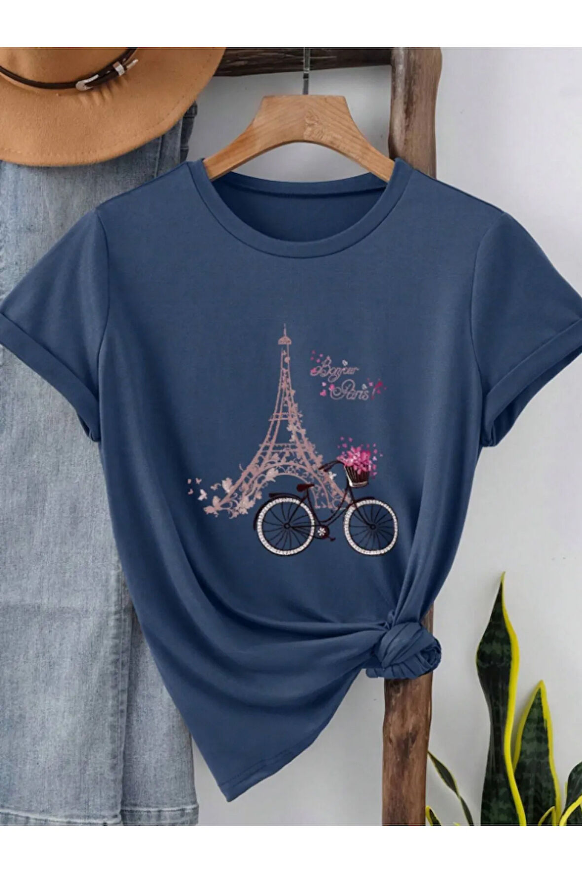 Unisex Pamuklu Eyfel Kulesi Ön Baskılı Tasarım Tshirt
