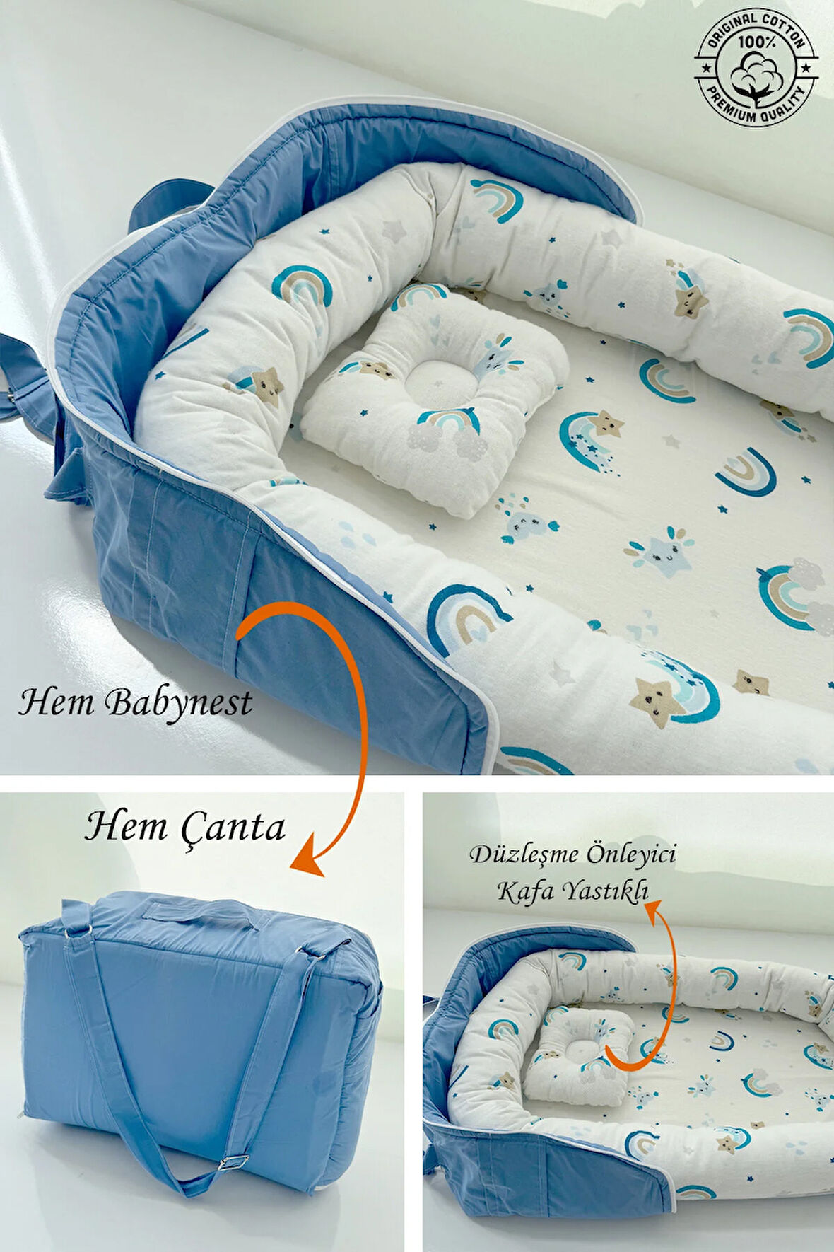 Çantalı Babynest Taşınabilir Anne Yanı Pazen Kumaş Bebek Yatağı %100 Pamuk