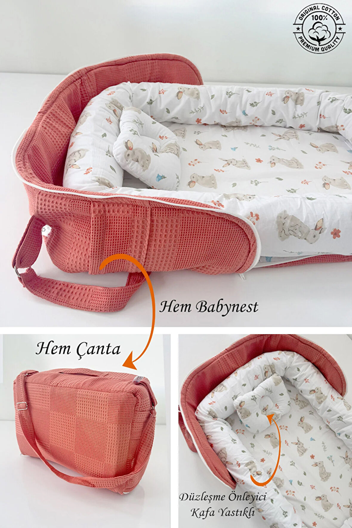 Nest Çantalı Babynest Taşınabilir Anne Yanı Waffle Pike Tavşan Babynest