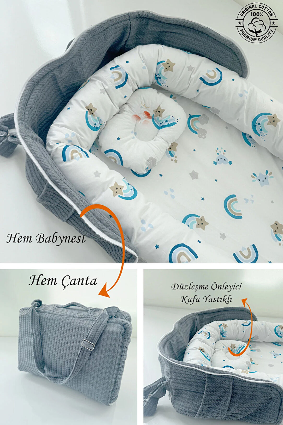 Çantalı Babynest Taşınabilir Anne Yanı Dış Örgü Kumaş Tasarımlı Bebek Yatağı Babynest