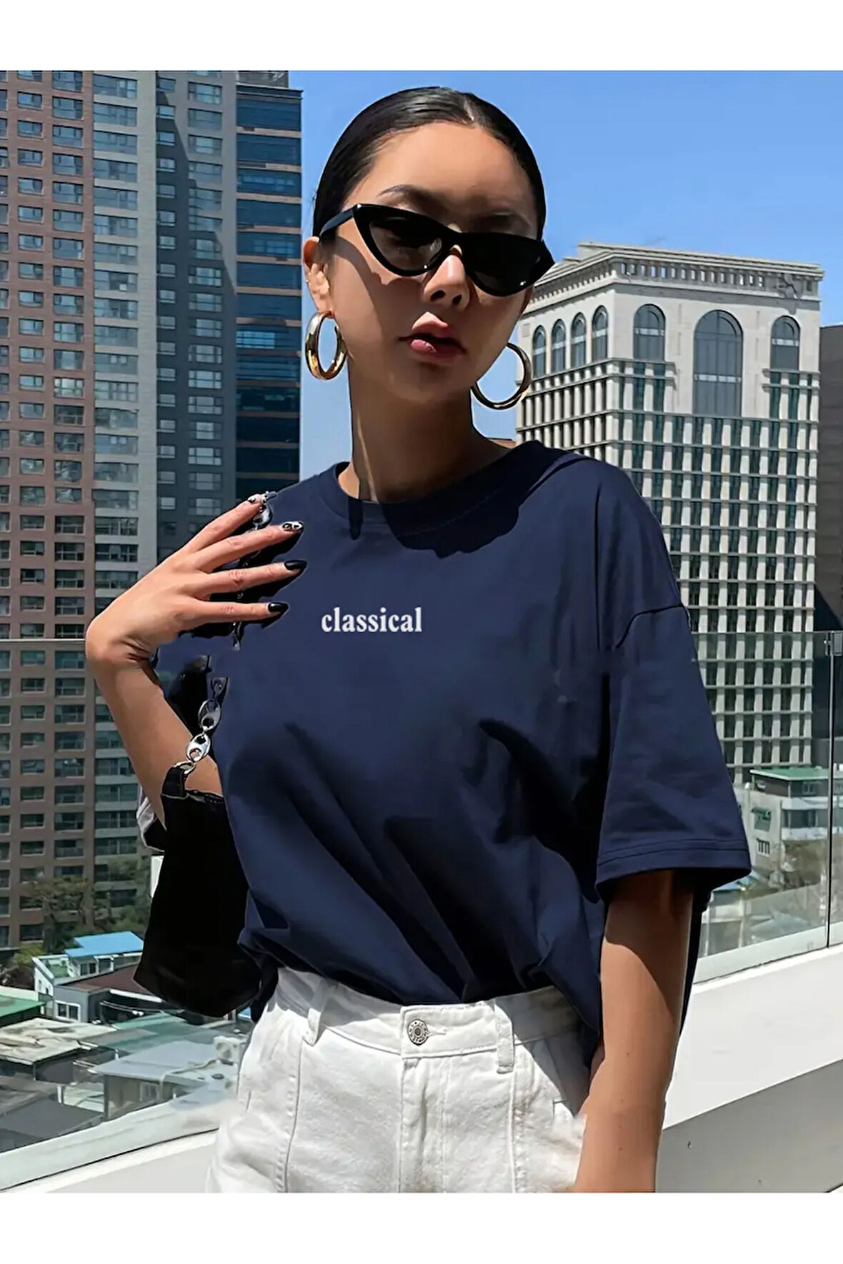 Kadın Lacivert Classical Ön Baskılı Oversize T-shirt