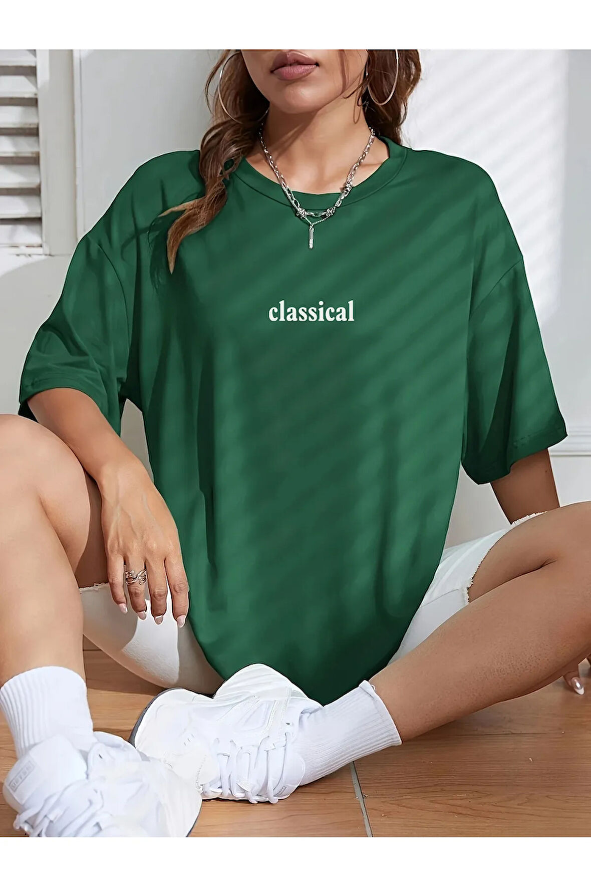 Kadın Yeşil Classical Ön Baskılı Oversize T-shirt