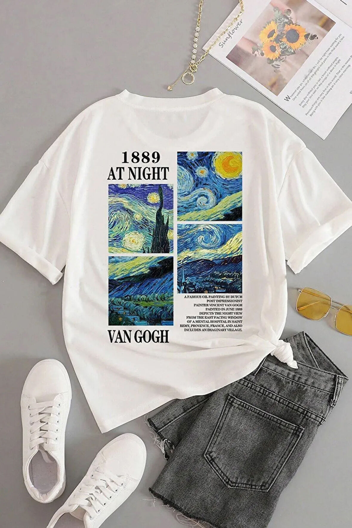 Unisex Van Gogh Yıldızlı Gece Sırt Baskılı Oversize T-shirt