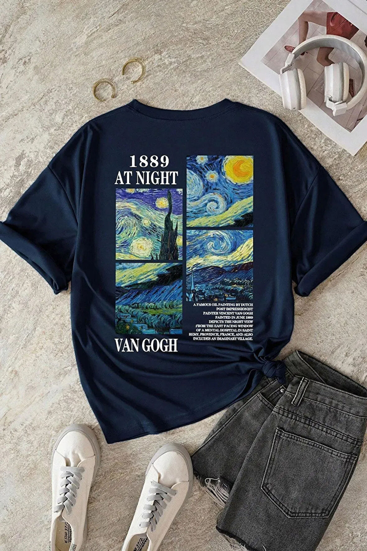 Unisex Van Gogh Yıldızlı Gece Sırt Baskılı Oversize T-shirt