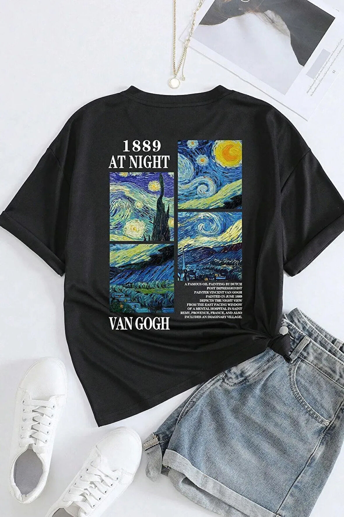 Unisex Van Gogh Yıldızlı Gece Sırt Baskılı Oversize T-shirt