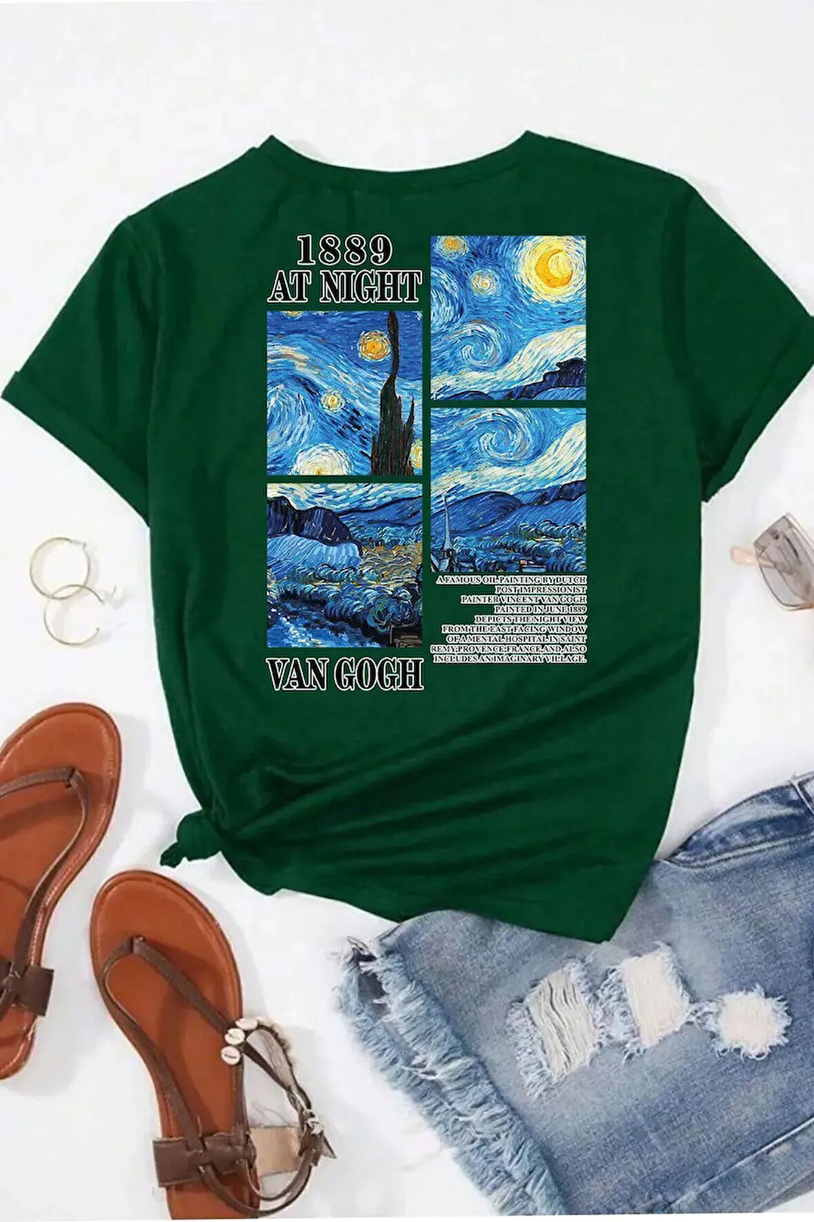 Unisex Van Gogh Yıldızlı Gece Sırt Baskılı Oversize T-shirt