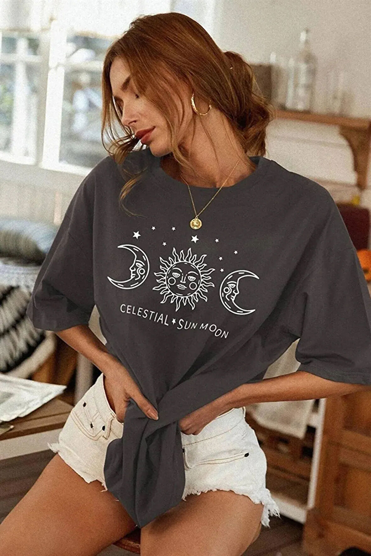 Unisex Sun Moon Sırt Baskılı Oversize T-shirt