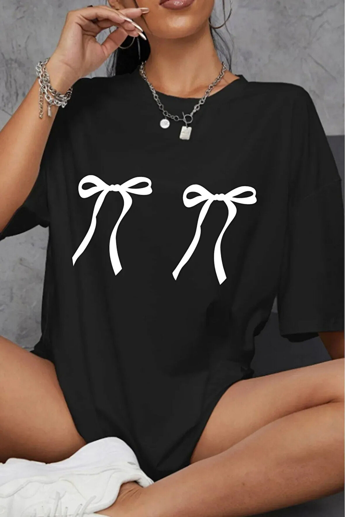 Kadın Çift Kurdele Baskılı Bisiklet Yaka Tshirt