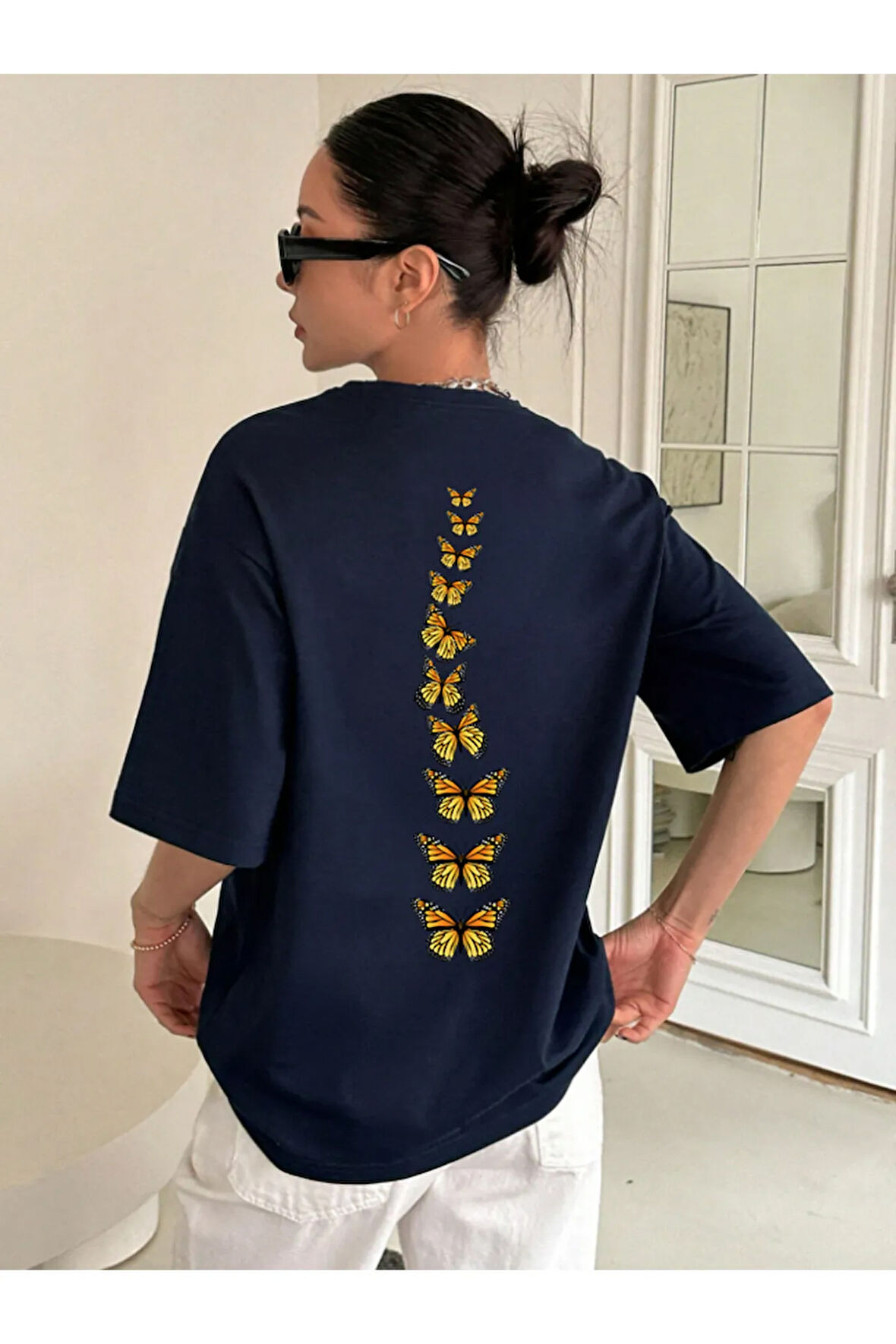 Unisex Pamuklu Sırt Kral Kelebek Baskılı Tasarım Tshirt