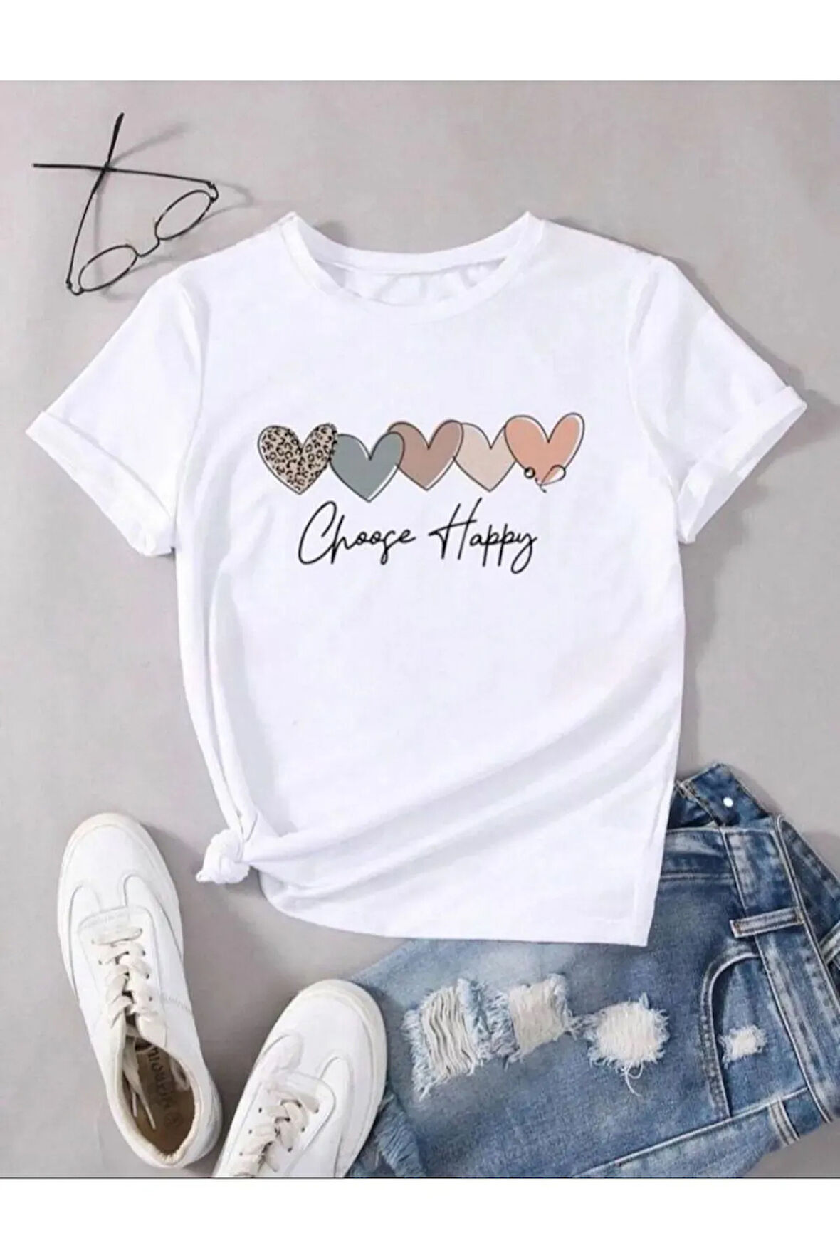 Unisex Pamuklu Choose Happy Kalp Ön Baskılı Tasarım Tshirt