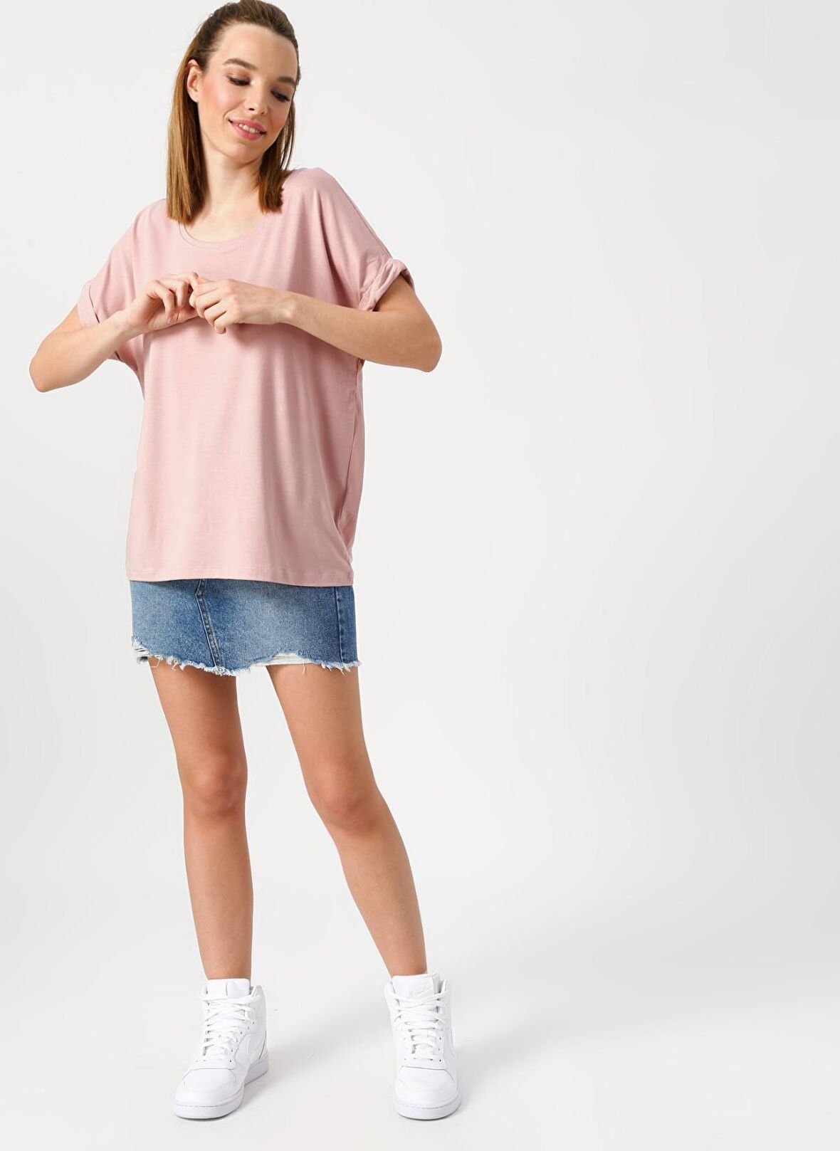 Only Bisiklet Yaka Pembe T-Shirt