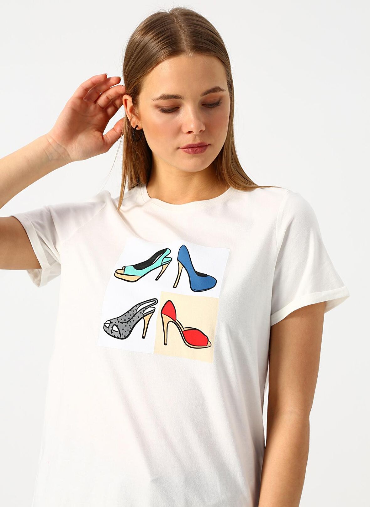 Vero Moda Baskılı Beyaz Bisiklet Yaka Kadın Tişört