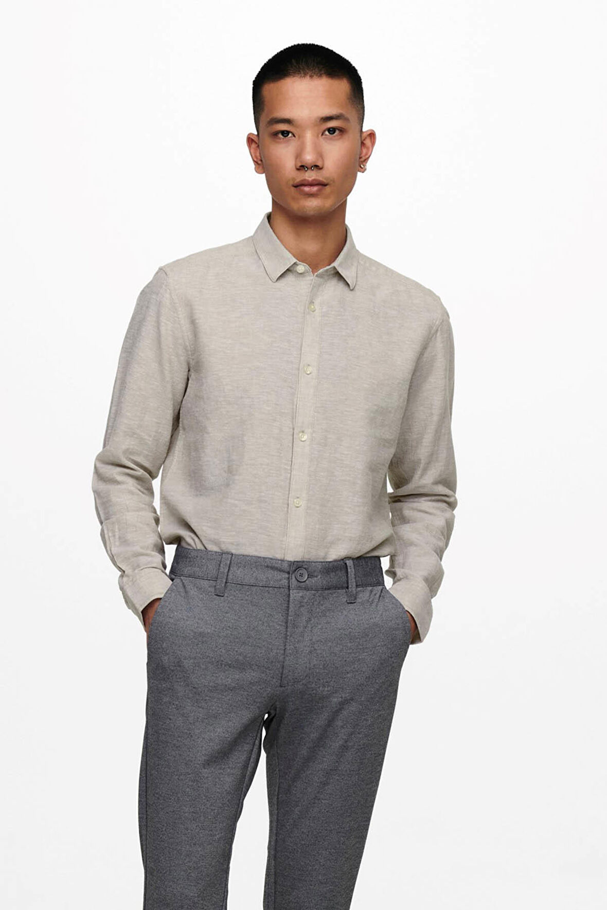 Only & Sons Erkek Onscaiden Slim Fit Keten Gömlek 22012321 Bej