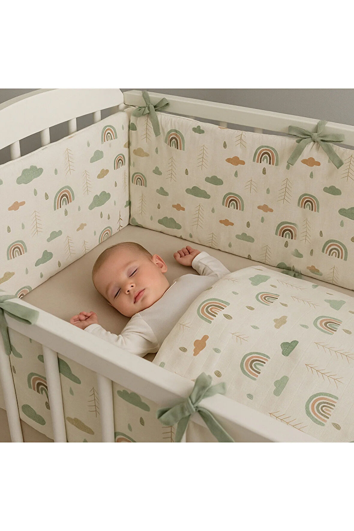 Yeşil Bulut Desenli 80x130 Bebek Uyku Seti, Bebek Nevresim Takımı ve Kenar Koruma 7 Parça