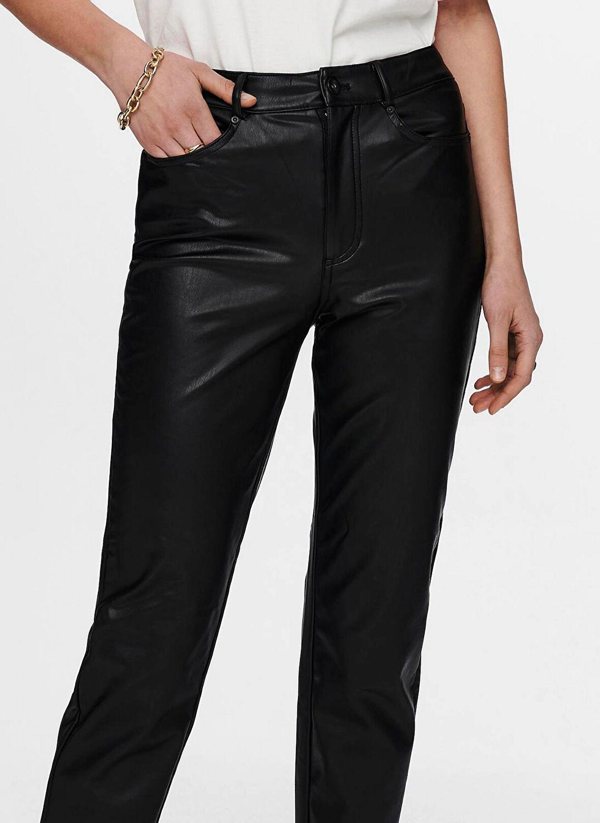 Only Yüksek Bel Normal Siyah Kadın Pantolon ONLEMILY HW ST ANK FAUX LEATHER PNT