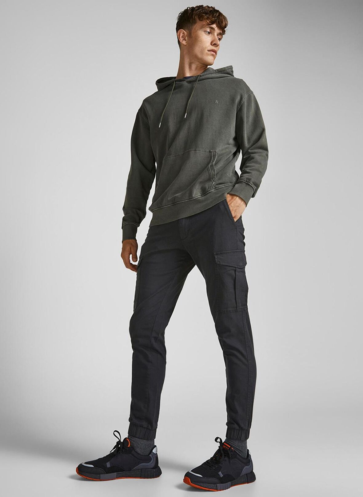 Jack & Jones 12186889_Jpstmarco Jjjoe Cuffed Akm Normal Bel Düz Siyah Erkek Kargo Pantolon