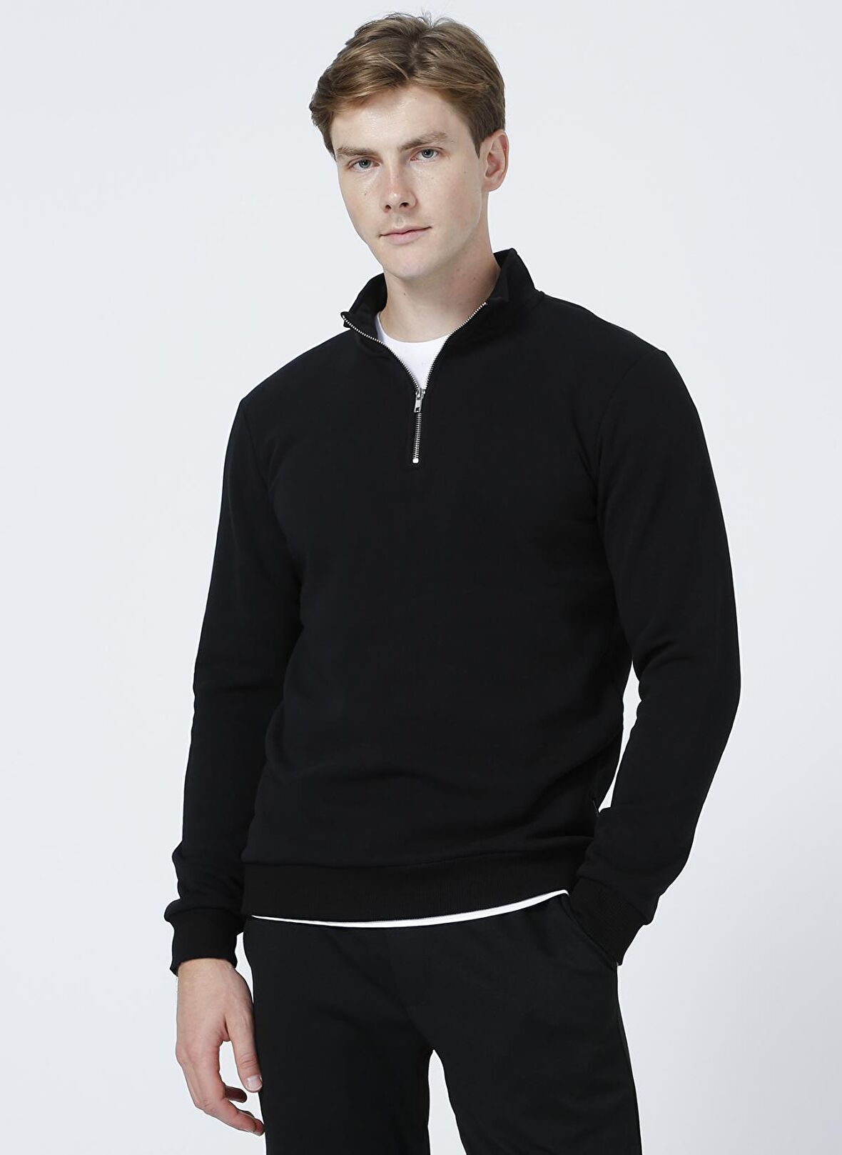 Only & Sons Dik Yaka Düz Siyah Erkek Sweatshirt