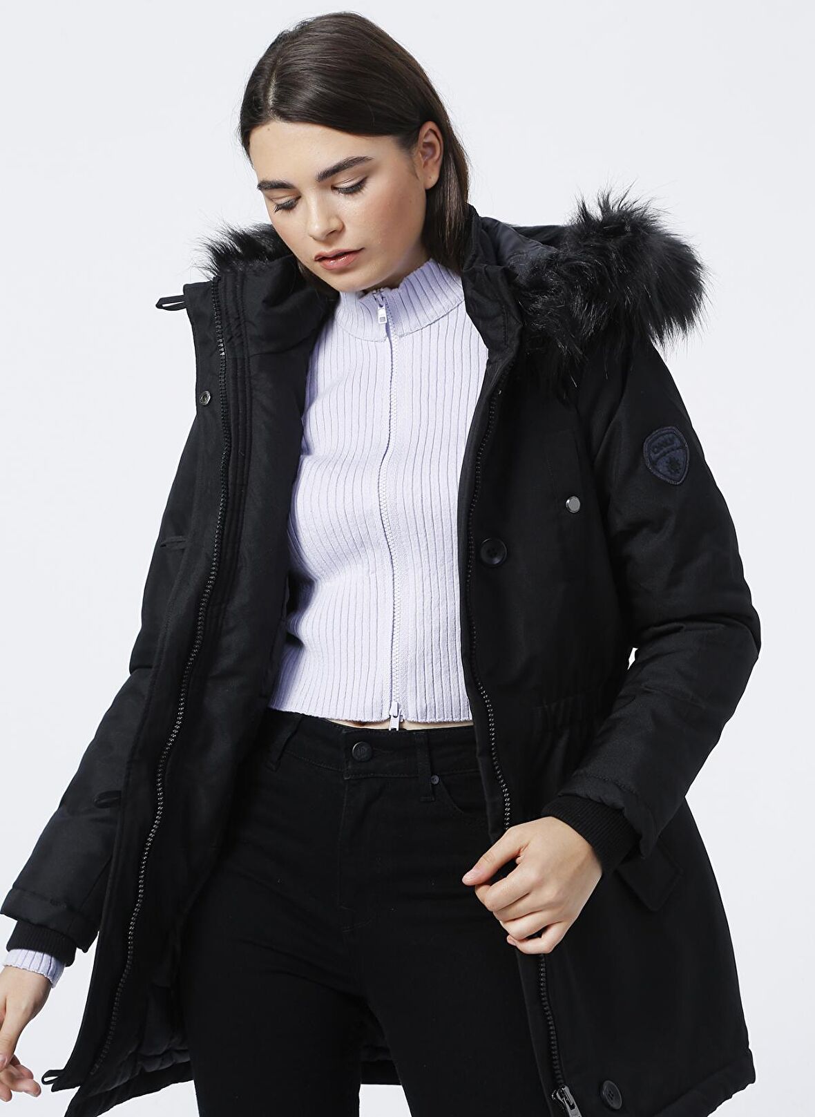 Only Onliris Fur Winter Parka Cc Otw Kapüşonlu Normal Kalıp Düz Siyah Kadın Kaban