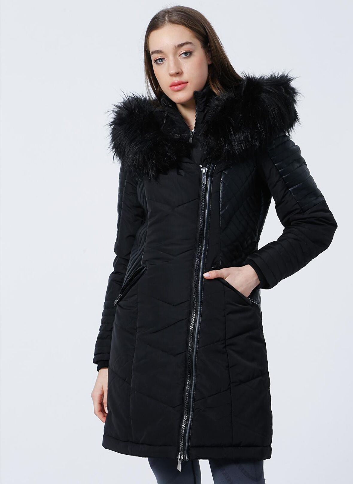 Only Siyah Kadın Kaban ONLTTE FUR HOOD COAT OTW