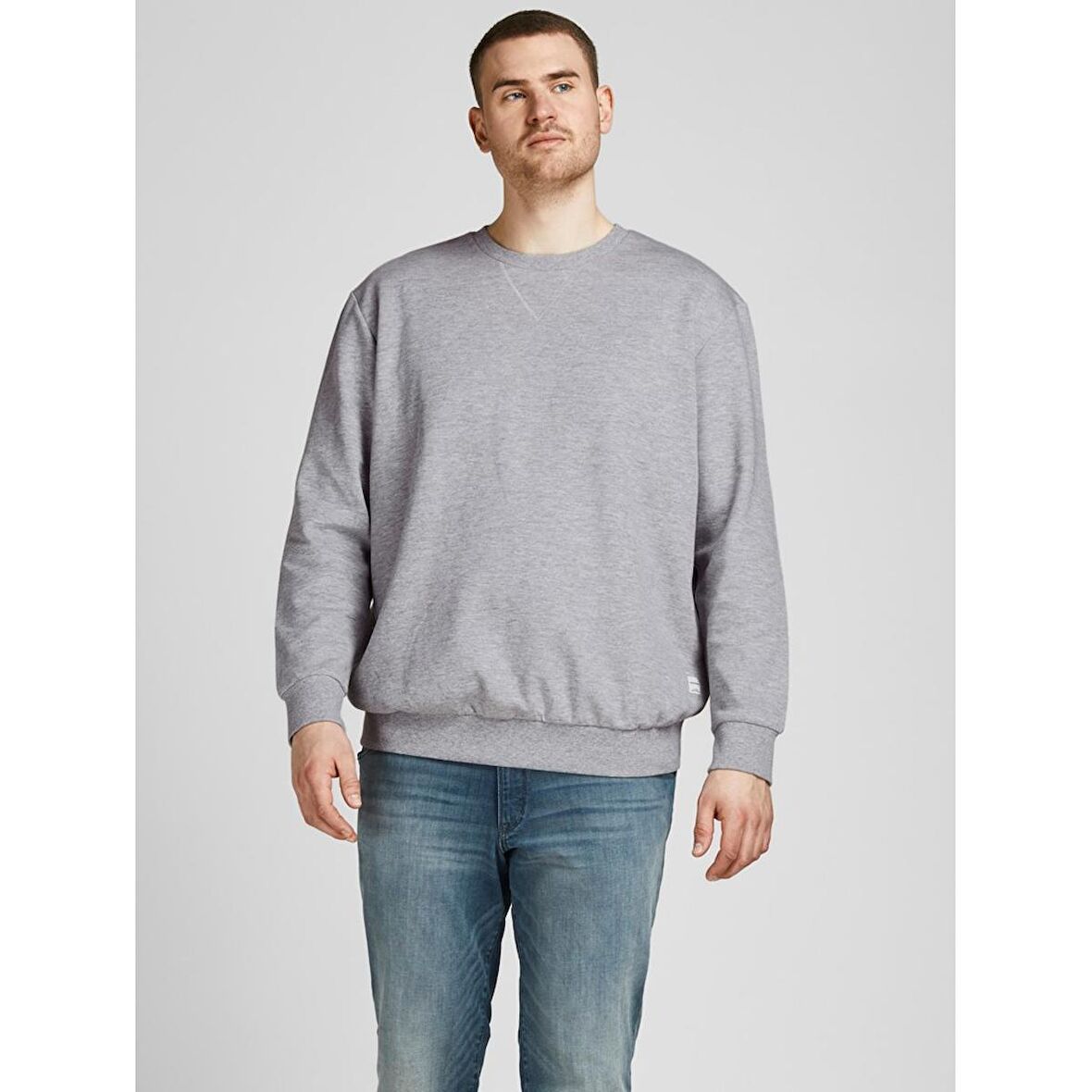 Jack&Jones Büyük Beden Açık Gri-Melanj Erkek Sweat 12182567