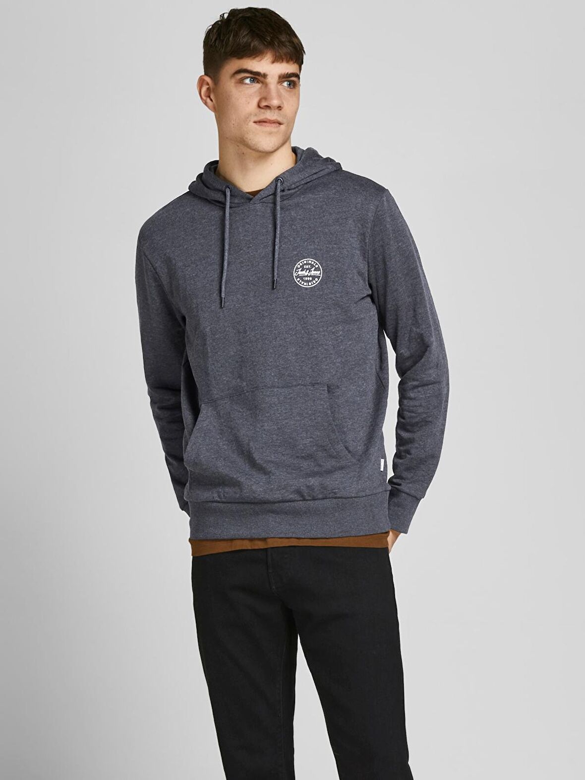 12205081 Jack Jones Jjeshark Sweat Hood Noos Erkek Sweat Dark Grey Melange/PrintWhite